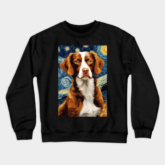 Adorable Brittany Spaniel Dog Breed Painting in a Van Gogh Starry Night Art Style Crewneck Sweatshirt by Art-Jiyuu